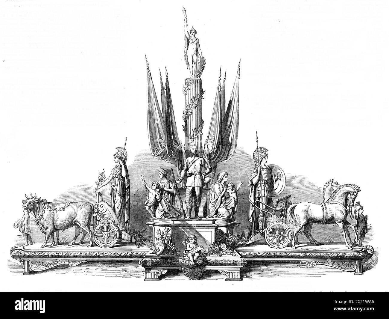 Die International Volunteer Challenge Trophy wird auf dem Wimbledon Meeting 1865 geschossen. Entworfen von Auguste Willms und hergestellt von Elkington and Co. An jedem Ende des Plateaus befindet sich eine allegorische Gruppe, die den Frieden veranschaulicht, die andere den Krieg. Frieden wird durch Minerva charakterisiert, die den traditionellen Olivenzweig trägt und in einem Auto steht, das mit Obst und Blumen geschmückt ist. Das Auto wird von Ochsen gezogen, mit Kranzgirlanden ausgestattet, die das leichte Joch der Regierung in Zeiten des Friedens zeigen, und von einem Jugendlichen geführt, der eine Garbe als Zeichen des Überflusses trägt... Mars, der Gott des Krieges, fährt in einem Auto, das mit Waffen und Waffen geschmückt ist Stockfoto