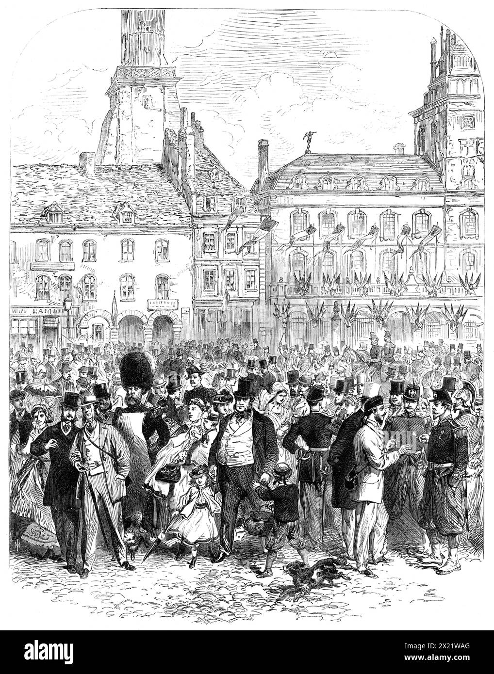 Englische Ausflügler in Calais, 1865. "In diesen Tagen, wie auch im Zeitalter von Hogarth, Smollett und Stern, könnte die humorvolle Situation einer gewöhnlichen Gruppe englischer Ausflügler bei ihrer Landung in Calais, wenige Stunden nach ihrer Verlassen Londons, zum Thema einer wohlgefälligen satirischen Beobachtung gemacht werden. aber die Illustration, die von einem unserer eigenen Künstler stammt, die wir graviert haben... scheint nicht viel zu kommentieren, über das hinaus, was die Erfahrung vieler unserer Leser, die ähnliche Szenen gesehen haben, sehr bereitwillig liefern wird. Der ehrliche Kaufmann, der geht, begleitet von h Stockfoto Englische Ausflügler in Calais, 1865. "In diesen Tagen, wie auch im Zeitalter von Hogarth, Smollett und Stern, könnte die humorvolle Situation einer gewöhnlichen Gruppe englischer Ausflügler bei ihrer Landung in Calais, wenige Stunden nach ihrer Verlassen Londons, zum Thema einer wohlgefälligen satirischen Beobachtung gemacht werden. aber die Illustration, die von einem unserer eigenen Künstler stammt, die wir graviert haben... scheint nicht viel zu kommentieren, über das hinaus, was die Erfahrung vieler unserer Leser, die ähnliche Szenen gesehen haben, sehr bereitwillig liefern wird. Der ehrliche Kaufmann, der geht, begleitet von h Stockfoto