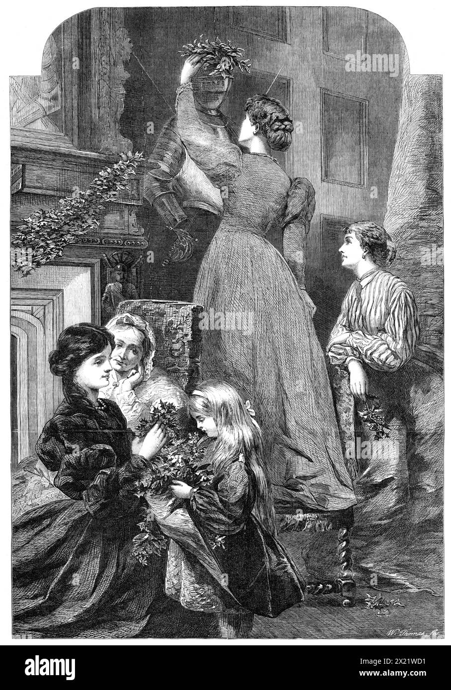 Weihnachtszeit von Miss E. Osborne in der Ausstellung der Royal Academy, 1865. Gravur eines Gemäldes, das in technischer Qualität, insbesondere in seiner reichen und harmonischen Färbung, einige jüngere Gemälde dieses versierten Künstlers voraussetzt. Das Thema ist im Wesentlichen weiblich in der Empfängnis, zeigt, wie weibliche Hände unsere Häuser beim großen christlichen fest bedecken, aber wie es uns scheint, schlagen wir auch vor, wie wir der Anwesenheit von Frauen die Reize und Liebenswürdigkeit des winterlichen Kamins verdanken - Liebe, Schönheit und Unschuld, indem wir ein Dreifach-s weben Stockfoto