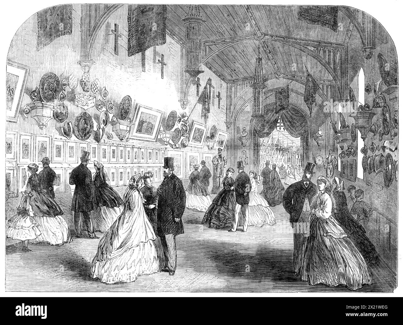 Ausstellung in Alton Towers, Staffordshire, zu Hilfe des Wedgwood Institute of Burslem - The Picture-Gallery and Armoury, 1865. "...it soll das Gebäude selbst die konstruktive und dekorative Verwendung der Keramikkunst veranschaulichen. Earl Granville hatte viel getan, um dieses Projekt voranzutreiben, nachdem er dem Ausstellungskomitee erlaubt hatte, einige der Kunstschätze aus dem Museum in South Kensington...in zu leihen. eine größere Show wurde selten gesehen. Es gibt auch einige ausgezeichnete Exemplare von Staffordshire Ware, von den besten lokalen Herstellern... The Armoury Stockfoto