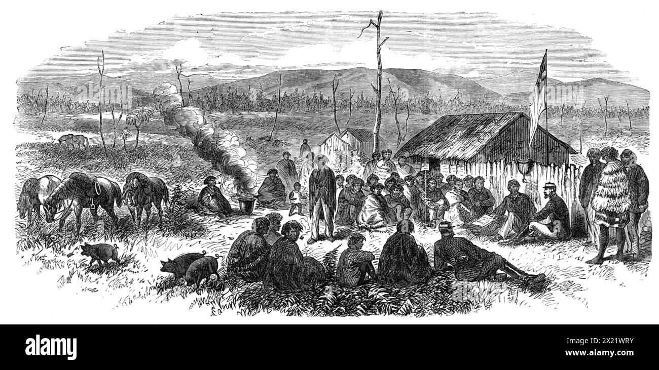 Der neuseeländische Häuptling William Thompson verhandelte mit Brigadegeneral Carey, 1865. Gravur einer Skizze von Major Tupper. William Thompson, oder, wie die Maoris seinen Namen aussprechen, Wiremu Tamihana... ist bei weitem der aufgeklärteste der Maori-Häuptlinge... vor dem Ausbruch des gegenwärtigen Krieges tat er alles, was er nur konnte, um einen Kampf zwischen den beiden Rassen [d. h. Briten und Maori] abzuwenden, und versuchte, die Kunst der Zivilisation und des Friedens unter den Stämmen der Waikato einzuführen. Er gründete Schulen und unterstützte Missionare... das große Ziel seines Lebens war es, die Maori zu retten Stockfoto