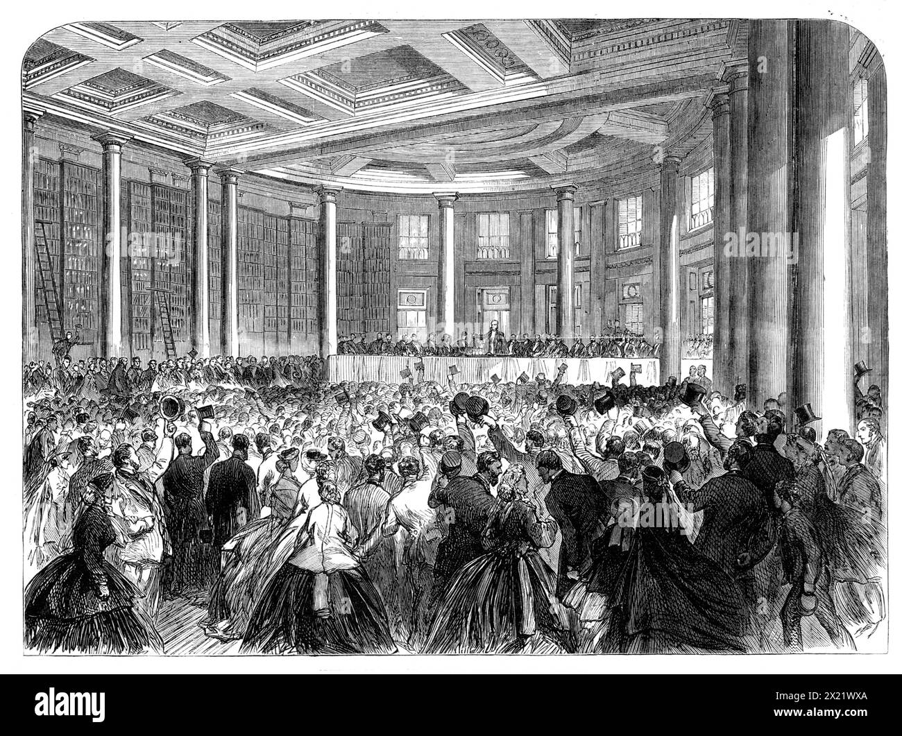 Eröffnung der Birmingham Central Free Library, 1865. "Die Central Free Library (die zweite Institution dieser Art, die unter Mr. Ewart's Act von der Corporation of Birmingham errichtet wurde) wurde der Öffentlichkeit zugänglich gemacht... von Mr. H. Wiggin, dem Bürgermeister... die neue Free Library... ist ein Gebäude im ionischen Stil,... schön und gut im Inneren... der Bürgermeister... sagte, dass diese große Zentralbibliothek... das sich der Literatur und Kunst widmete und neben der Leihbibliothek von 14.000 Büchern einen Referenzraum enthalten sollte, in dem die besten und seltensten Nachschlagewerke gefunden werden sollten, die ich verwenden würde Stockfoto