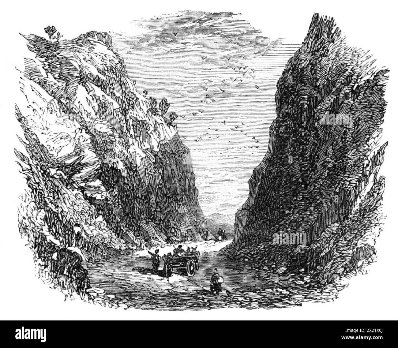 Tagung der British Association in Birmingham: The Wytch, nahe Malvern, 1865. Blick auf '...diesen bemerkenswerten Pass, genannt „The Wytch“...[dh der Wyche Cutting, ein Pass durch die Malvern Hills, der einst Teil einer Eisenzeit Salzroute war]...der Spaziergang zu den berühmten Hügeln, die einen ausgedehnten und wunderschönen Blick auf Wales und die angrenzenden englischen Grafschaften bieten, wurde sehr genossen. Hier wurde viel Schatz gefunden, darunter eine mit Diamanten besetzte Krone aus Gold, die angeblich das Diadem eines britischen Prinzen gewesen sein sollte, der vielleicht in einer Schlacht in der Nähe gefallen war; wie in der Beschreibung, ich Stockfoto