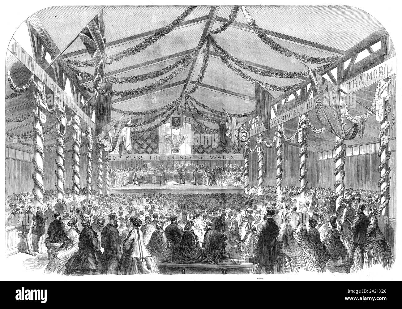 Der Welsh National Eisteddfod in Aberystwith, 1865. Der jährliche Kongress der Studenten und Amateure der walisischen Antiquitäten und Literatur fand in einem geräumigen und eleganten Pavillon statt, der geschmackvoll von einem Komitee der Damen von Aberystwith dekoriert wurde. Der Preis für eine walisische Ode auf Aberystwith Castle wurde an Mr. D. Harris aus Carmarthenshire verliehen. Als nächstes wurden Preise für musikalische Kompositionen und Darbietungen auf der Harfe vergeben, wobei Lewis Williams zum besten Darsteller auf der Dreifachharfe erklärt wurde. Mehrere Chöre konkurrierten dann mit Gesangsstücken...poetische Ansprachen wurden rezitiert; Stockfoto