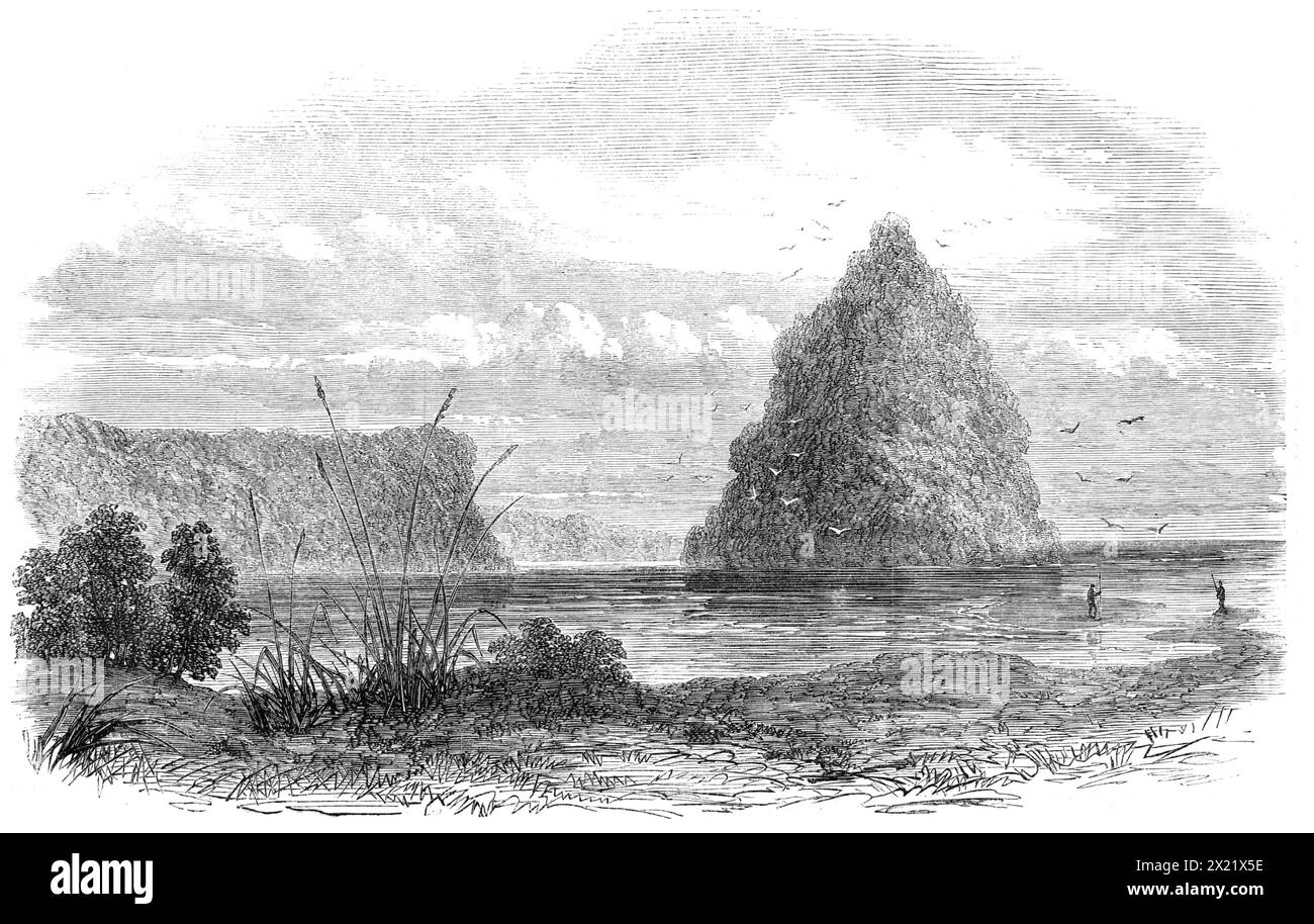 Eine Erkundungsfeier an der Westküste Neuseelands: Mouth of the Wanganui River, 1865. Gravur nach einer Skizze von Albert Walker. "Dieser Name darf nicht mit dem eines anderen Wanganui verwechselt werden, einer Siedlung am Ufer der Cook's Strait, auf der Nordinsel zwischen Wellington und New Plymouth. Mr. Walker sagt: "Die Landschaft an der Mündung des Wanganui ist sehr eigenartig. Auf seiner Südseite erhebt sich ein hoher konischer Berg, der mehrere hundert Meter hoch ist und mit Bäumen und Sträuchern bedeckt ist, bis zu seinem Gipfel; dieser wird mit dem ebenfalls hohen und felsigen Festland durch einen langen, schmalen nec verbunden Stockfoto