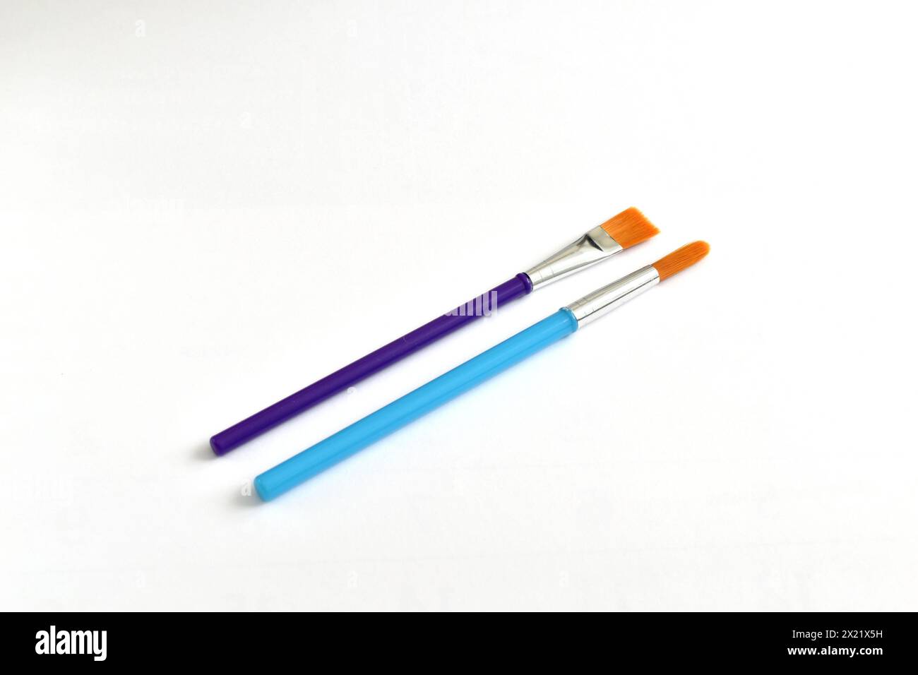 Zwei dünne Pinsel zum Malen mit Aquarellen auf weißem Hintergrund. Stockfoto