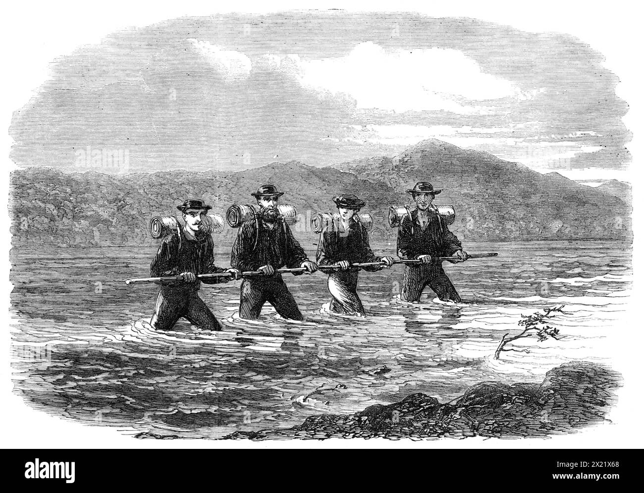 Eine Erkundungsfeier an der Westküste Neuseelands: Überquerung des Flusses Teramakau, 1865. Gravur nach einer Skizze von Albert Walker. "Die Westküste der Mittleren Insel Neuseelands, wo die zuletzt entdeckten Goldfelder im letzten Zwölftel zehn- oder zwölftausend Einwohner angezogen haben, war Anfang des Jahres 1863 eine fast unbekannte Region. [Die Abbildung] zeigt den Modus, in dem die Herren Walker und M'Farlane mit einem Maori-Führer den Fluss Teramakau überqueren, etwa eine halbe Meile von seiner Mündung entfernt, wobei das Wasser bei Ebbe bis zu einer mA reicht Stockfoto