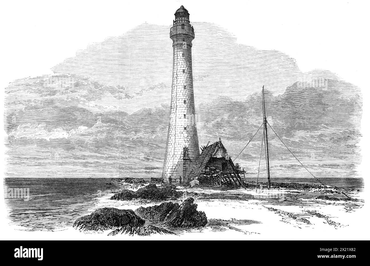 Das Alguada Reef Lighthouse, Cape Negrais, an der Küste von Pegu, 1865. Kupferstich aus einer Fotografie von Lieutenant J. M. M'Neile, R.E. 'das Gebäude des Leuchtturms... in der Nähe des Bassein-Eingangs des großen Irrawaddy-Flusses ist eines der wichtigsten Arbeiten, die jemals für die Schifffahrt in den Indischen Meeren und dem Chinesischen Archipel geplant wurden, die jetzt so lukrativ zu einem Zweig unseres Handels wird. Die Hinrichtung... ist doppelt bemerkenswert, als ob sie von Coolie Work ausgeführt wurde und vollständig von einem Offizier der Königlichen Ingenieure entworfen und beaufsichtigt wurde - Lieutenant-Colonel Stockfoto