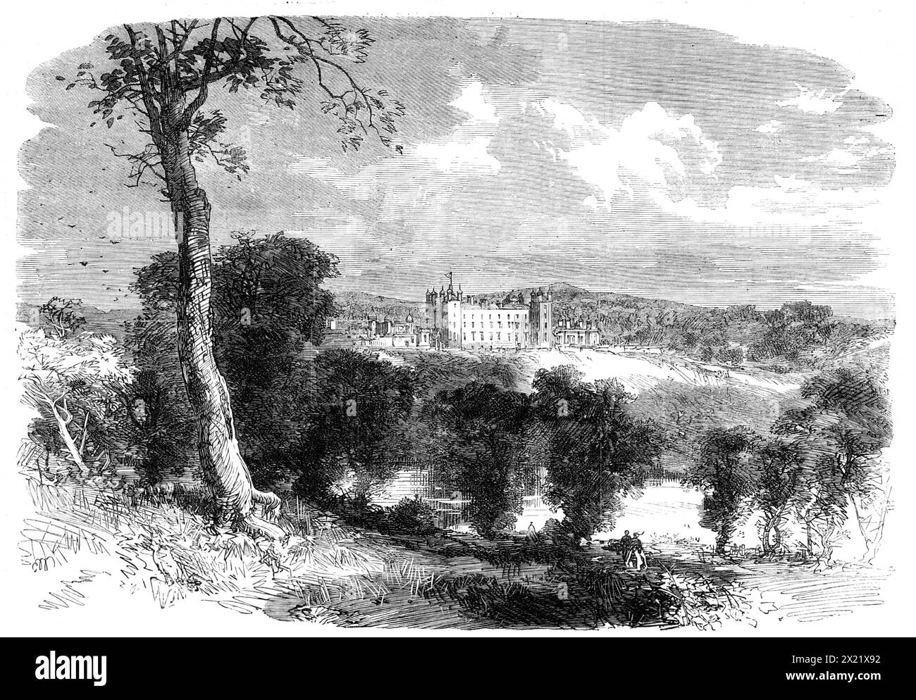 Floors Castle, Kelso, Sitz des Herzogs von Roxburghe, besucht von Prinz und Prinzessin von Wales, 1865. Der Prinz und die Prinzessin von Wales (der zukünftige König Edward VII. Und Königin Alexandra) verließen Kelso am Samstagabend pünktlich, um den Express-Zug von York zu nehmen, und kamen am Sonntagmorgen um halb acht in London an. Sie waren seit dem letzten Dienstag bei dem Herzog und der Herzogin von Roxburghe auf Floors Castle in der Nähe der Stadt Kelso untergebracht. Dieses Herrenhaus, dessen Name von dem „Palais de Fleurs“, dem ursprünglichen Namen, verfälscht wurde, ist Pleasa Stockfoto