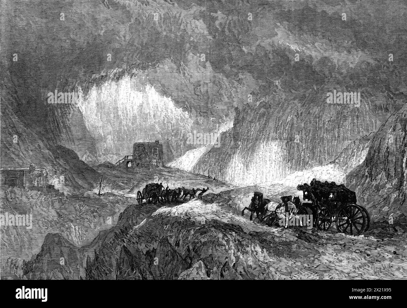 A Snowstorm on Mont Cenis, aus der Farnley Hall Collection of drawings von J.M.W. Turner, R.A., 1865. Gravur einer Fotografie einer Zeichnung aus dem Jahr 1820, die von John Ruskin beschrieben wurde: "Die Szene befindet sich auf dem Gipfel des Passes, in der Nähe des Hospizes... dieses Gebäude, etwa 400 oder 500 Meter entfernt, ist in einem dunklen, aschigen Grau, gegen das Licht zu sehen. der durch einen heftigen Sturm des Bergwindes die Tiefe der Wolken durchbrochen hat, die an den Felsen hängen. Es gibt kein sky...nothing, sondern dieses Dach aus treibender Wolke; aber es gibt auch kein Gewicht der Dunkelheit; die hohe Luft ist zu dünn dafür Stockfoto