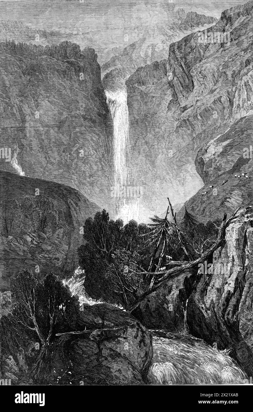 The Fall of the Reichenbach, aus der Farnley Hall Collection of drawings von J.M.W. Turner, R.A., 1865. Gravur einer Fotografie einer Zeichnung. Das Thema '...hat kein zufälliges oder extrinsisches Interesse: wir wählen sie nur als Darstellung einer bekannten und bemerkenswerten Szene und als eine der eindrucksvollsten und eindrucksvollsten Zeichnungen der Serie... hier haben wir den großen Fall und auch einige der Kaskadenreihen, durch die der Bach das Tal weit unter Grindelwald gewinnt. Aus der natürlichen Aufteilung der Szene, aus dem gewählten Blickwinkel, in zwei fast equ Stockfoto