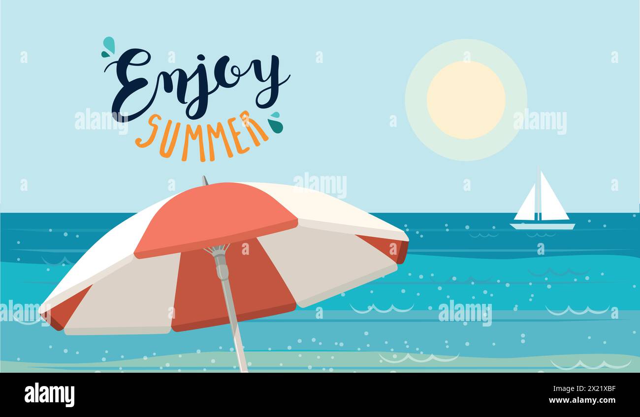 Meereshintergrund mit einem Sonnenschirm an einem sonnigen Tag. Sommer Banner Vektor Illustration Stock Vektor