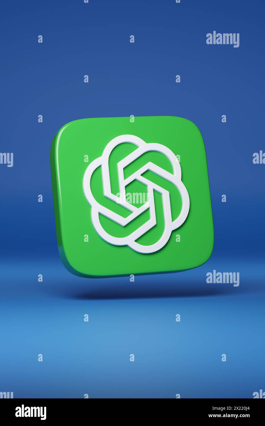 Buenos Aires, Argentinien; 5. April 2024: OpenAI-Logo isoliert auf blauem Hintergrund. Stockfoto