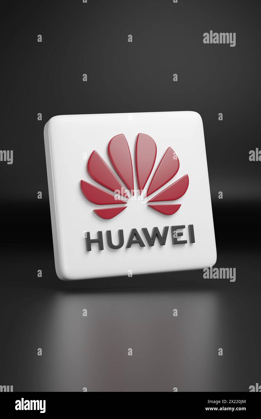 Buenos Aires, Argentinien; 5. April 2024: Dreidimensionales Huawei-Logo auf schwarzem Hintergrund. 3D-Abbildung. Stockfoto