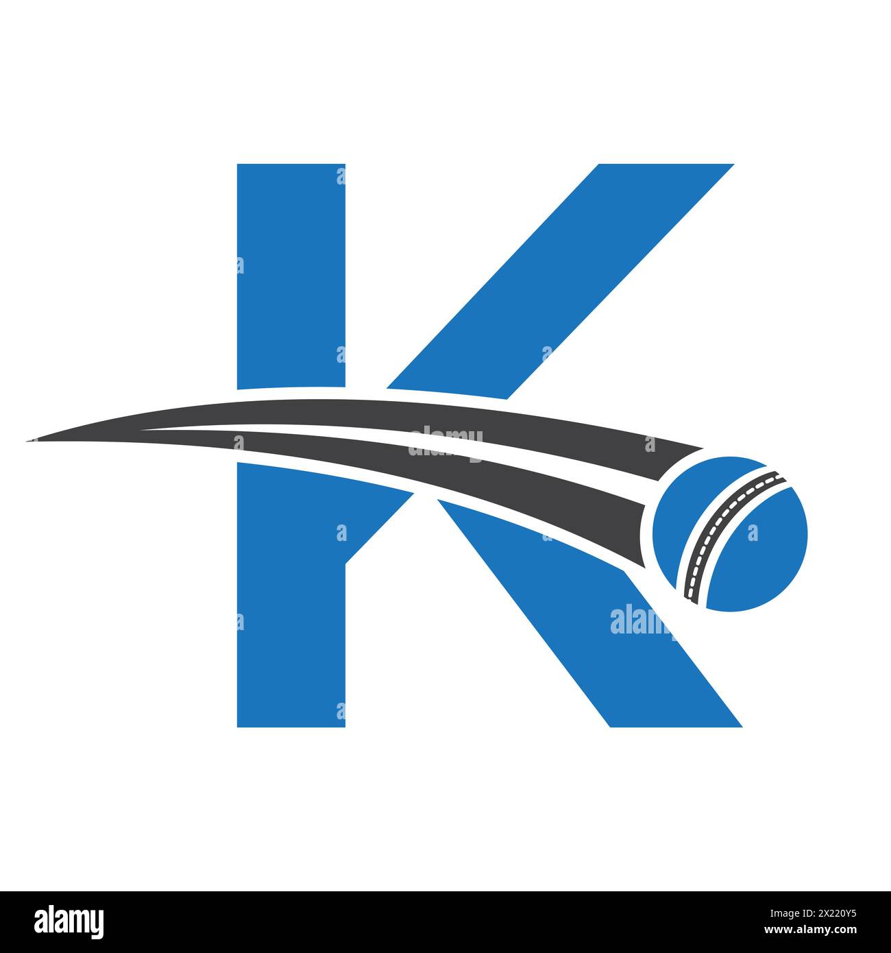 Cricket-Logo auf Buchstabe K Concept mit beweglichem Cricket-Ball-Symbol. Cricket-Schild Stock Vektor