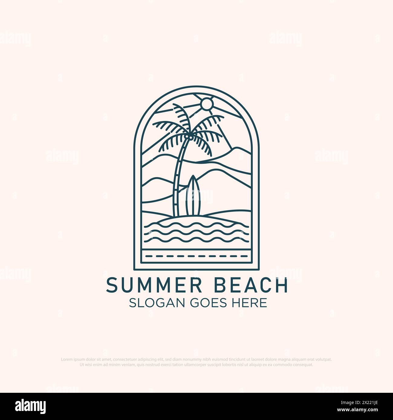 Mountain Beach Logo Design mit Linienart einfache Vektor minimalistische Illustration Vorlage, Sommer Logo Designs Stock Vektor
