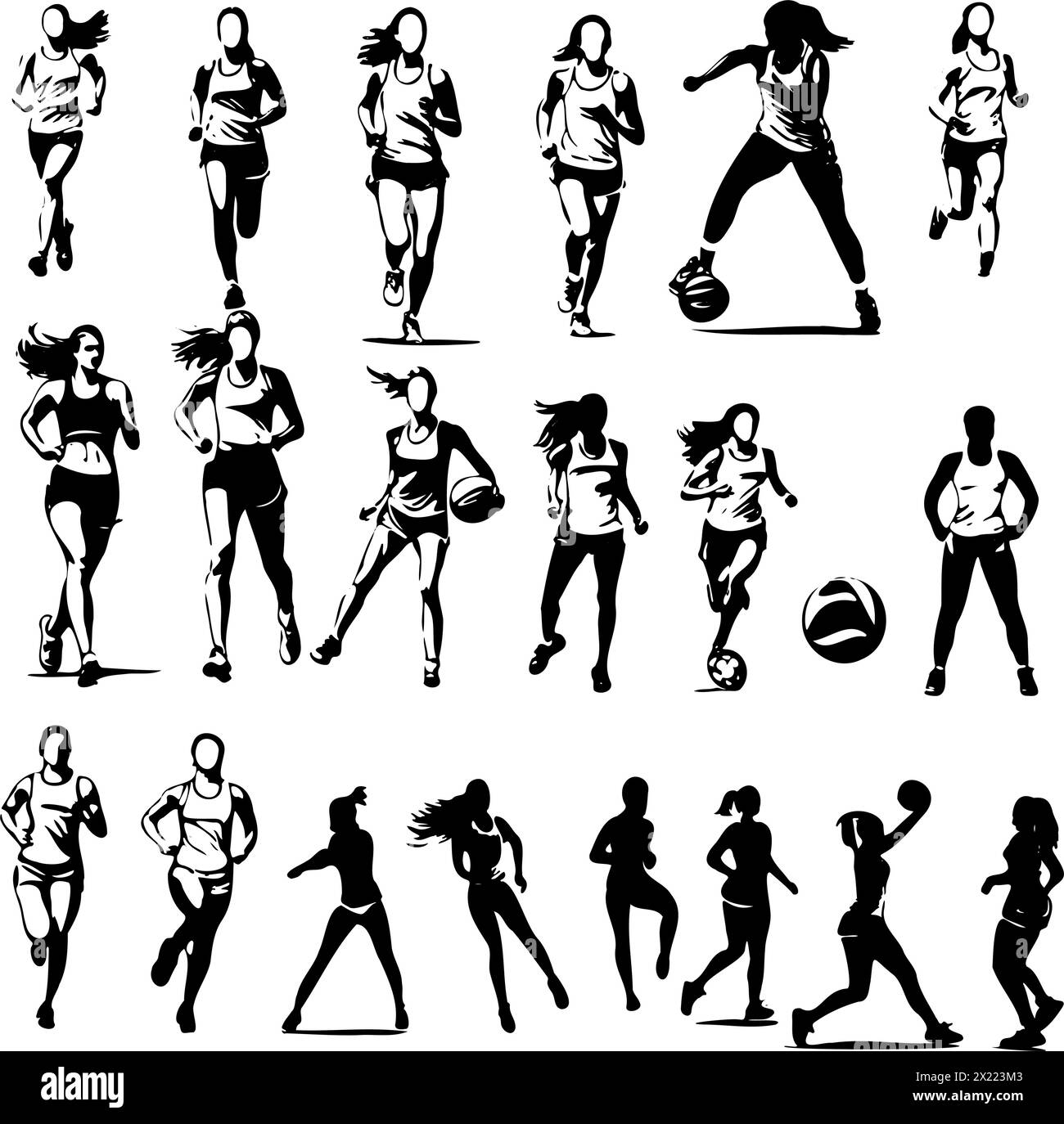 Eine Reihe von Silhouetten von Frauen, die Sport treiben. Die Szene ist energiegeladen und aktiv Stock Vektor