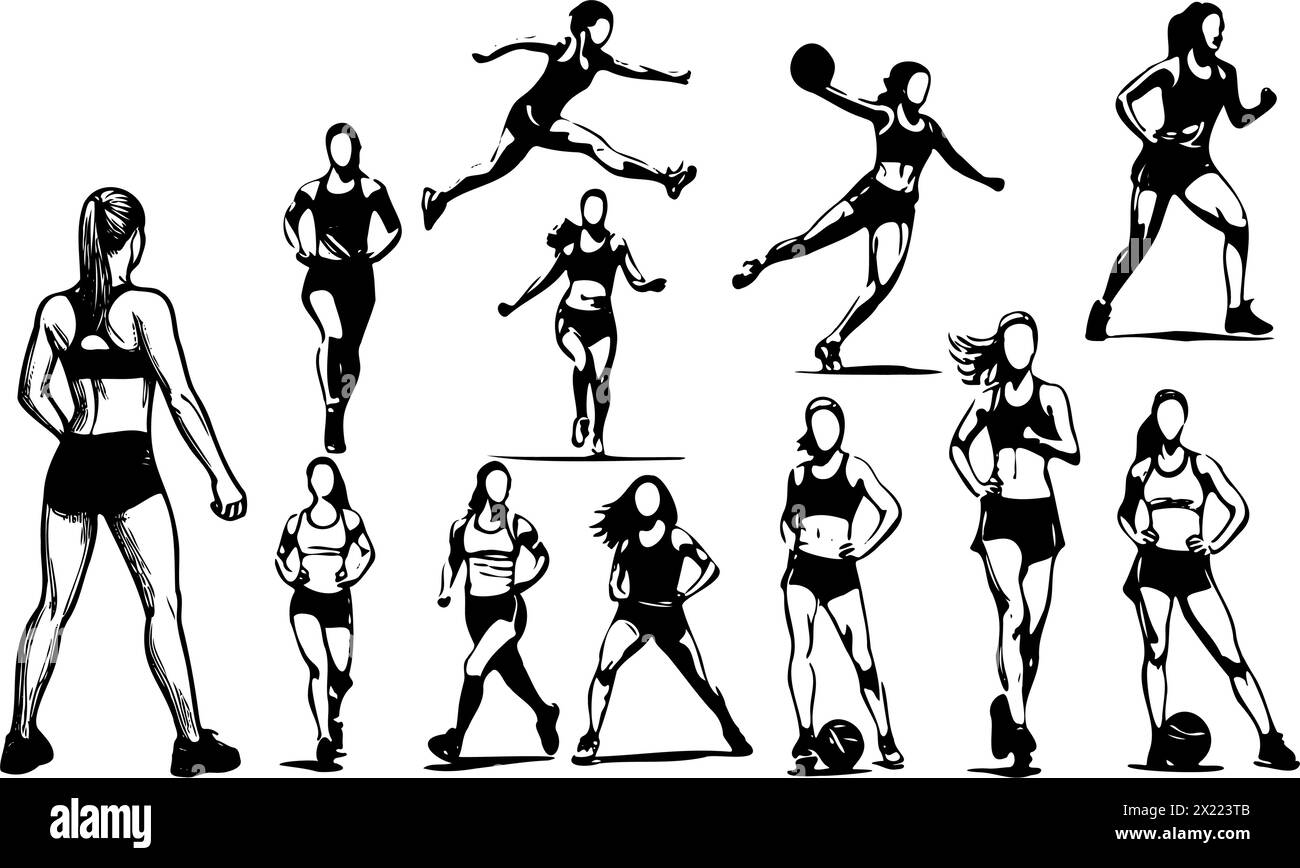 Eine Reihe von Silhouetten von Frauen, die Sport treiben. Die Szene ist energiegeladen und aktiv Stock Vektor