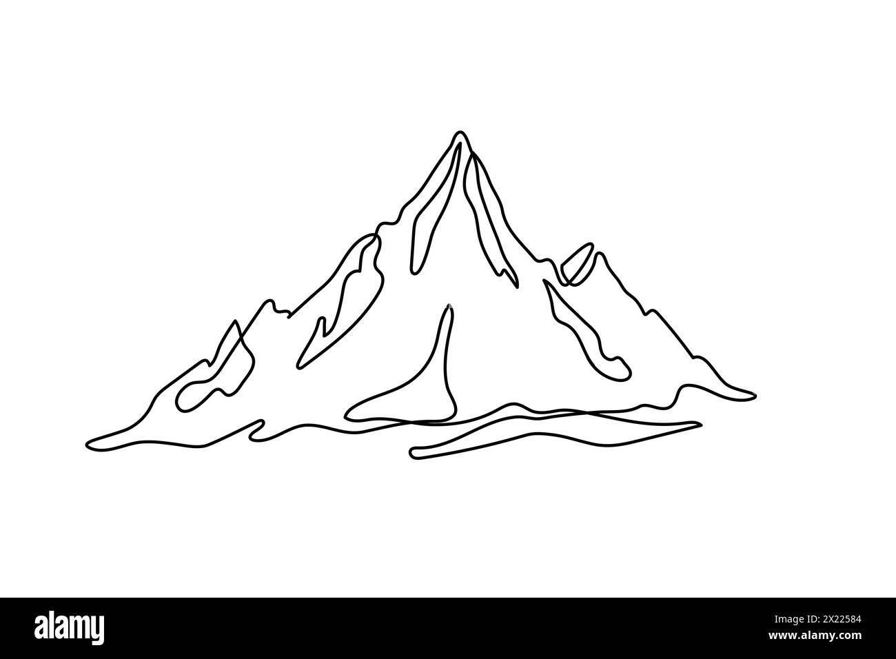 Eine durchgehende Linienzeichnung einer Bergkette auf weißem Hintergrund. Webbanner mit Befestigungselementen in einfacher linearer Ausführung. Kritzelvektorillustrati Stock Vektor