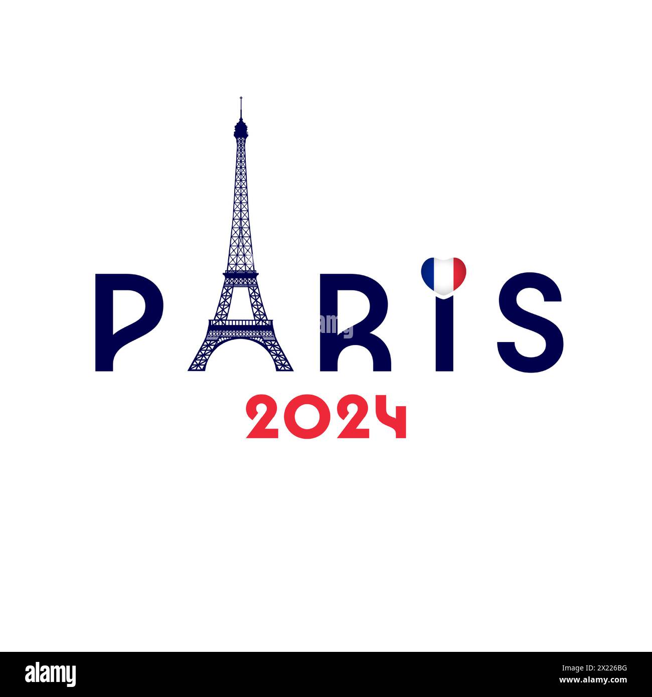 Paris 2024, T-Shirt-Motiv mit Eiffelturm und Flagge im Herzen. Reisekonzept Stock Vektor