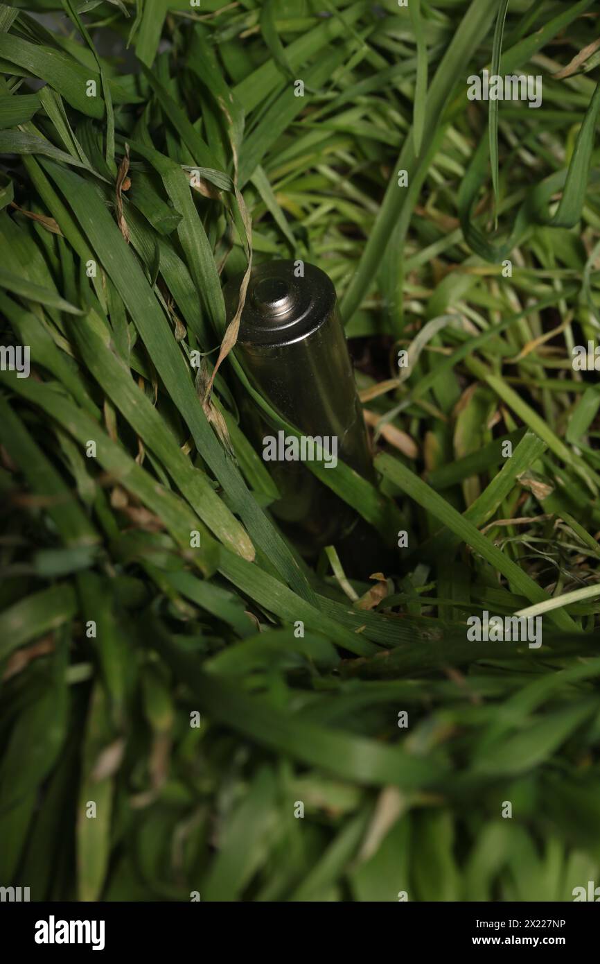 Eine verbrauchte Fingerbatterie auf verwelkendem Gras. Nahaufnahme. Stockfoto