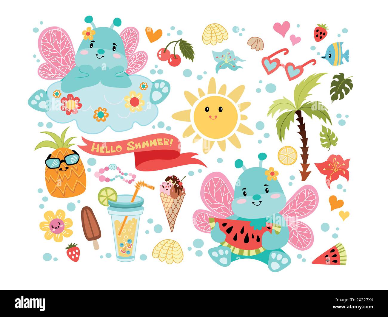 Set mit niedlichen Sommer-Ikonen: Essen, Getränke, Palmblätter, Früchte und niedliche Schmetterlinge. Helles Poster im Sommer. Sammlung von Scrapbooking-Elementen für BE Stock Vektor