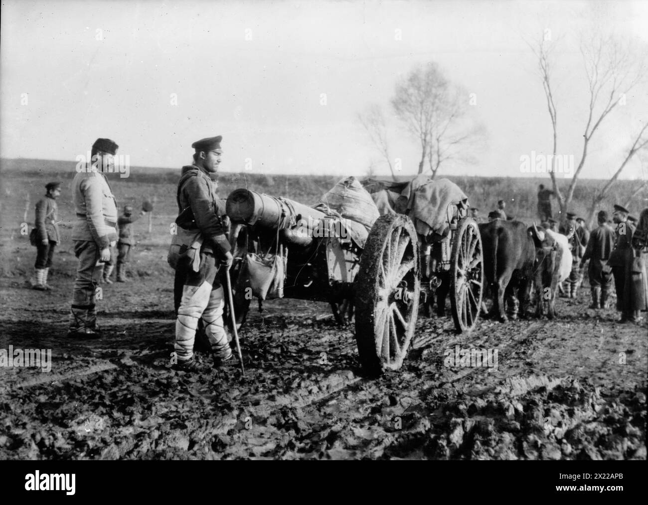 Zwischen 1910 und 1915 bringt man Big Bulgar Guns nach Tchataldja #12. Zeigt Bulgaren, die während der Balkankriege Waffen nach Katalka, Türkei, bringen. Stockfoto