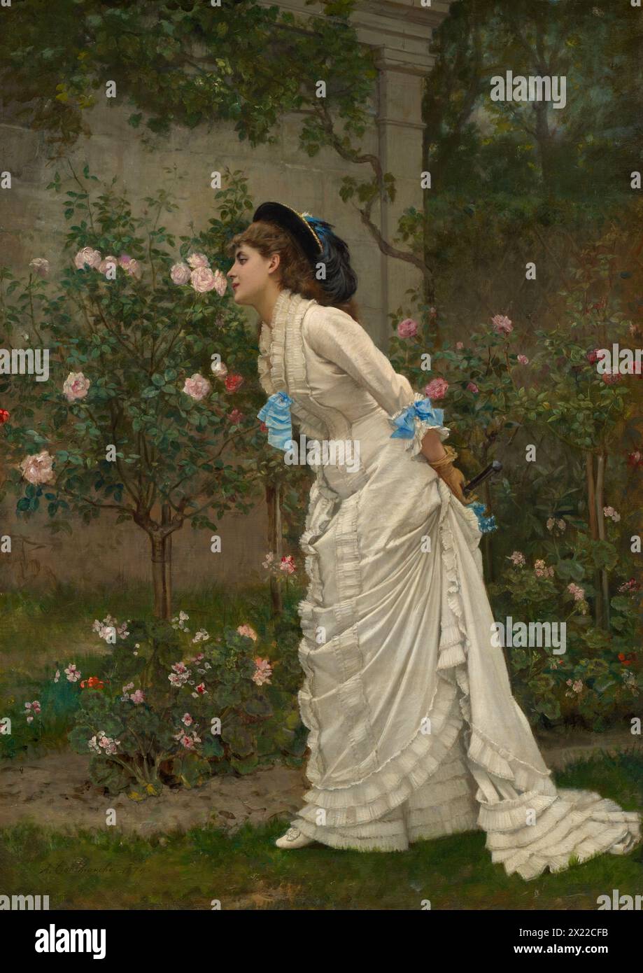 Frau Und Roses, 1879. Eine junge Frau in einem makellosen weißen Kleid hat inne gehalten, während sie durch einen gepflegten Garten schlenderte, um den Duft einer Gruppe rosa Rosen zu genießen. Schleichende Vegetation hängt an der Mauer hinter ihr, und ein Blick auf weniger bewirtschaftete Landschaften ist hinter dem hölzernen Spalier auf der rechten Seite zu sehen. Das Gemälde zieht eine Parallele zwischen der Jugendlichen Frische dieser modisch gekleideten Frau und den blühenden Blumen um sie herum. Stockfoto