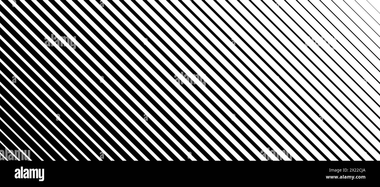 Textur der schrägen Linie mit Halbtonabstufung. Hintergrund mit diagonalem Streifenverlauf ausblenden. Hintergrund mit abgeschrägtem Muster. Schwarzer, dünner bis dicker Streifenhintergrund für Überlagerung, Druck, Umschlag und Grafikdesign. Vektor Stock Vektor