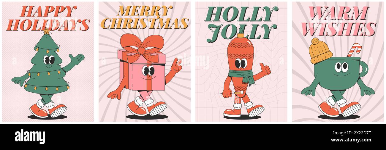 Fröhliche Weihnachten und glückliches neues Jahr-Poster-Set. Verspielte und freche Charaktere im trendigen, groovigen Stil. Retro-Cartoon-Elemente und -Formen. Stock Vektor