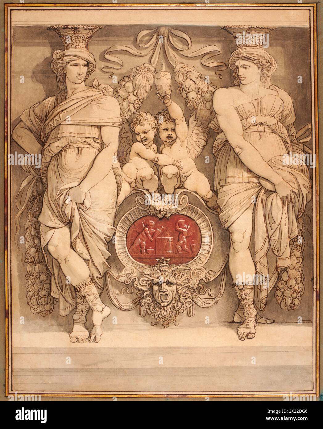 Zwei Caryatiden-Figuren, die Eine Cartouche mit zwei Cupids umrahmen (Deux Figures de Cariatides Encadrant Une Cartouche Surmontée de Deux Amours), Ende der 1770er Jahre Stockfoto