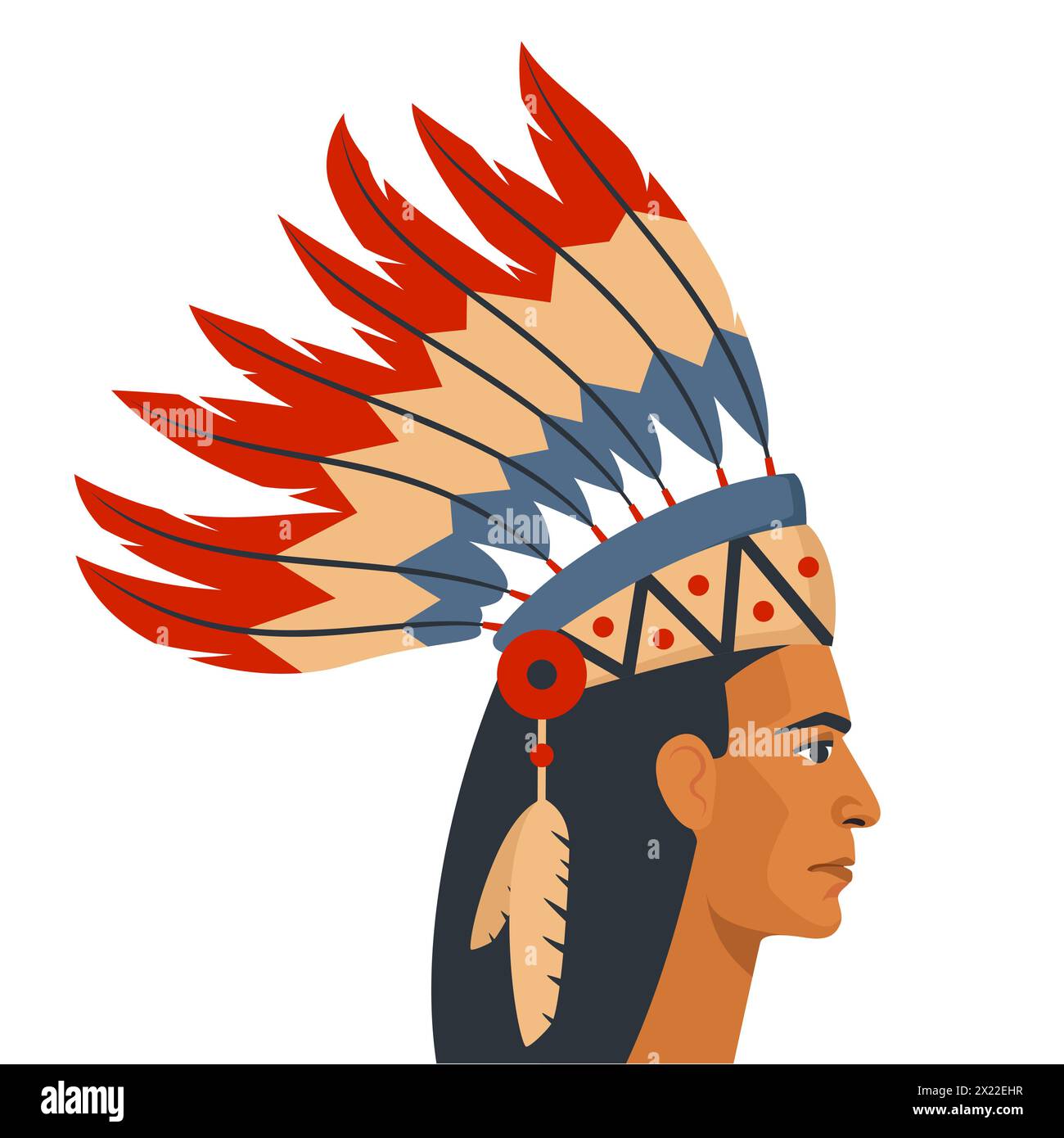 indianischer indianischer Mann mit Federn im Profil, Illustration für Wandbild-Poster Stock Vektor