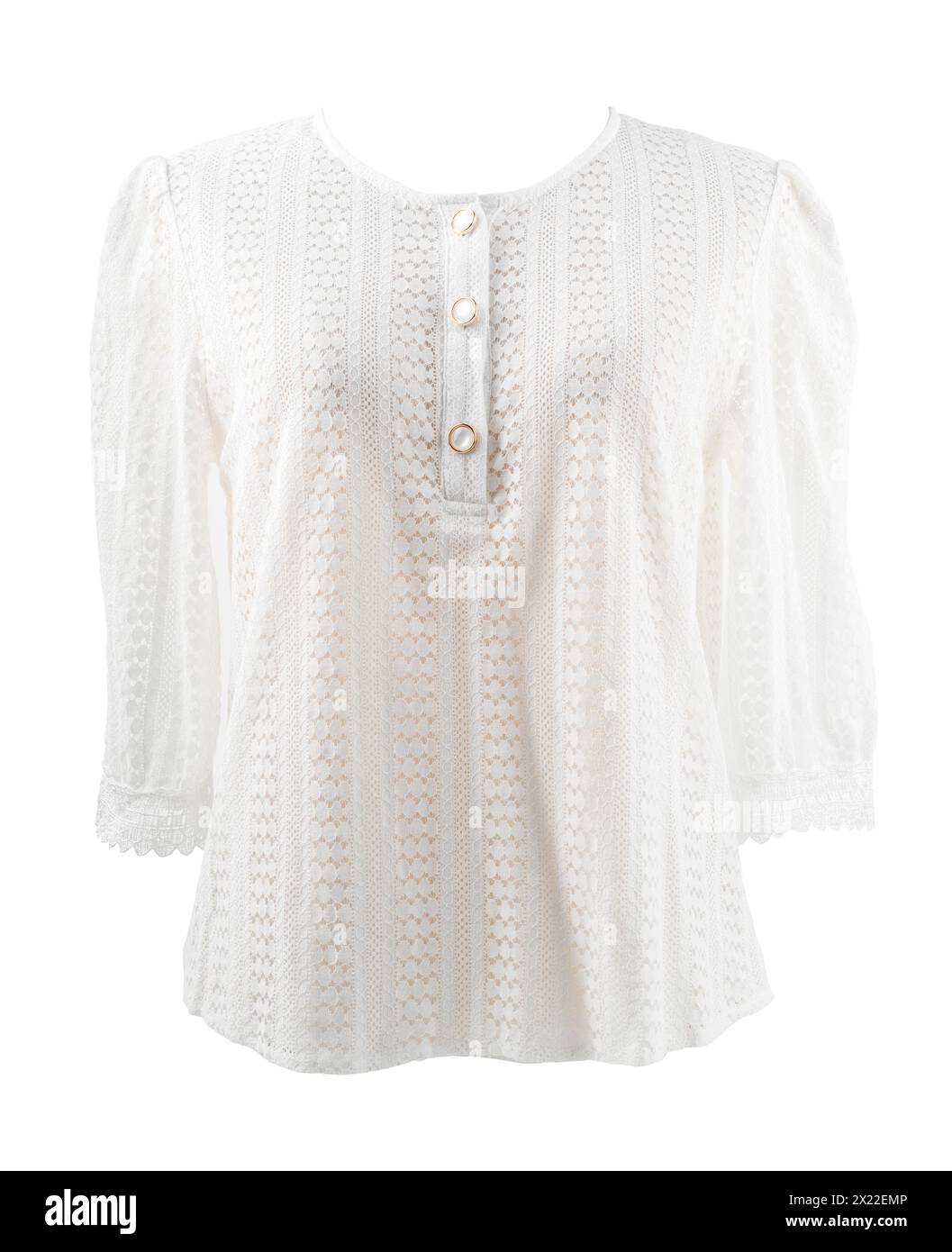Damen-Spitzenhemd isoliert auf weißem Hintergrund, gespeicherter Schnittpfad. Stockfoto