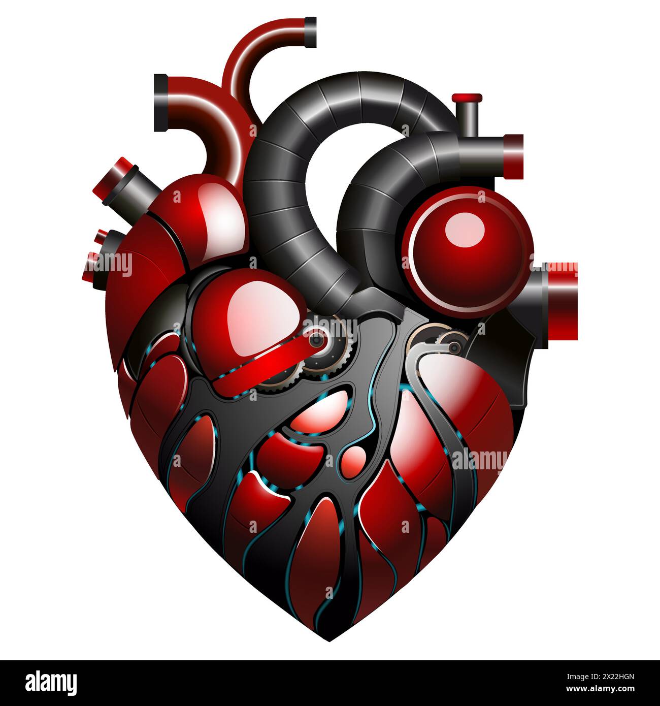 Eine detaillierte Vektor-Illustration des roten und schwarzen mechanischen Herzens mit Zahnrädern, Rohren, auf weißem Hintergrund Stock Vektor