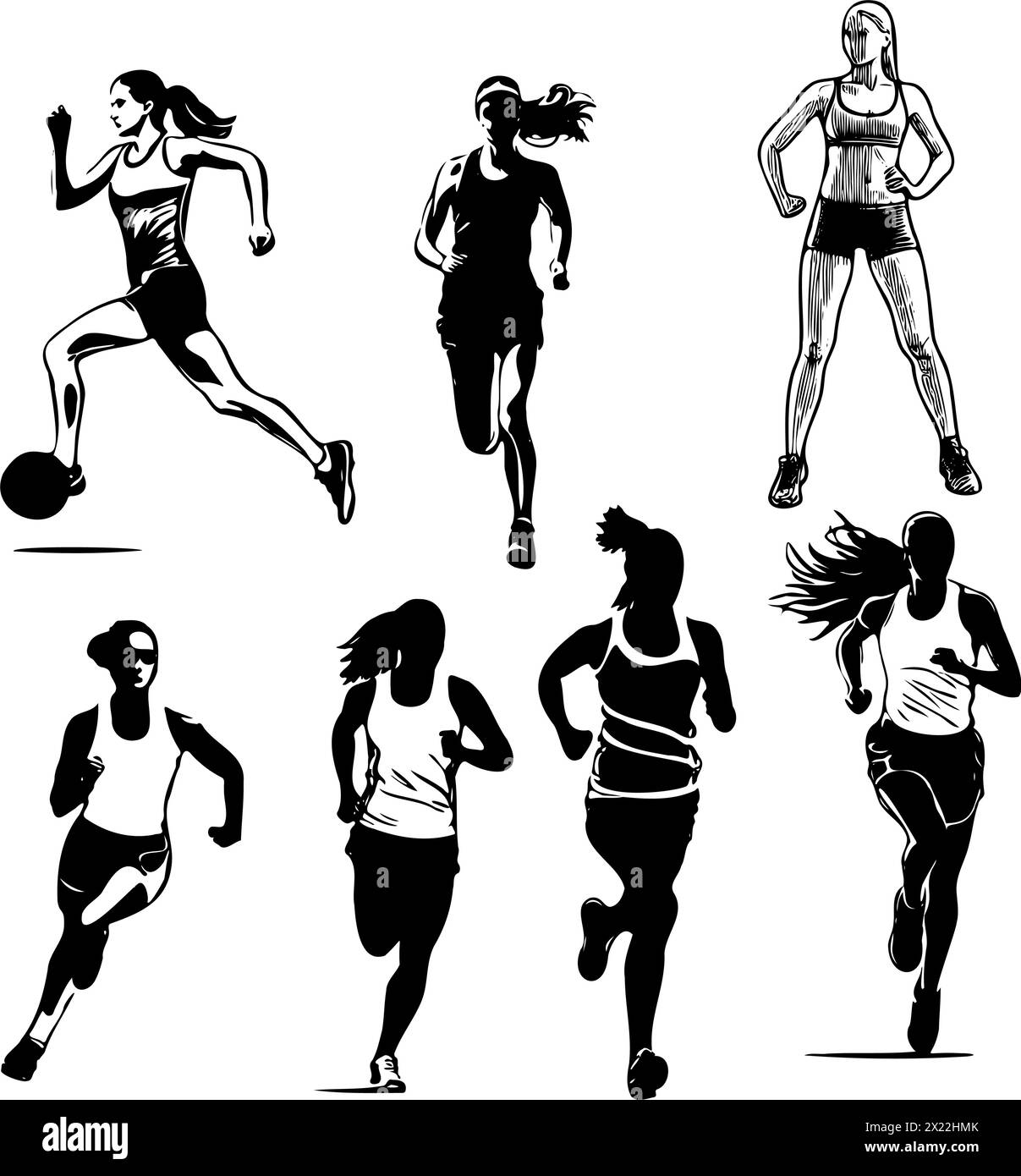 Eine Reihe von Silhouetten von Frauen, die laufen. Die Frauen sind in verschiedenen Positionen, einige laufen, andere springen, und eine hält einen Fußball. Co Stock Vektor