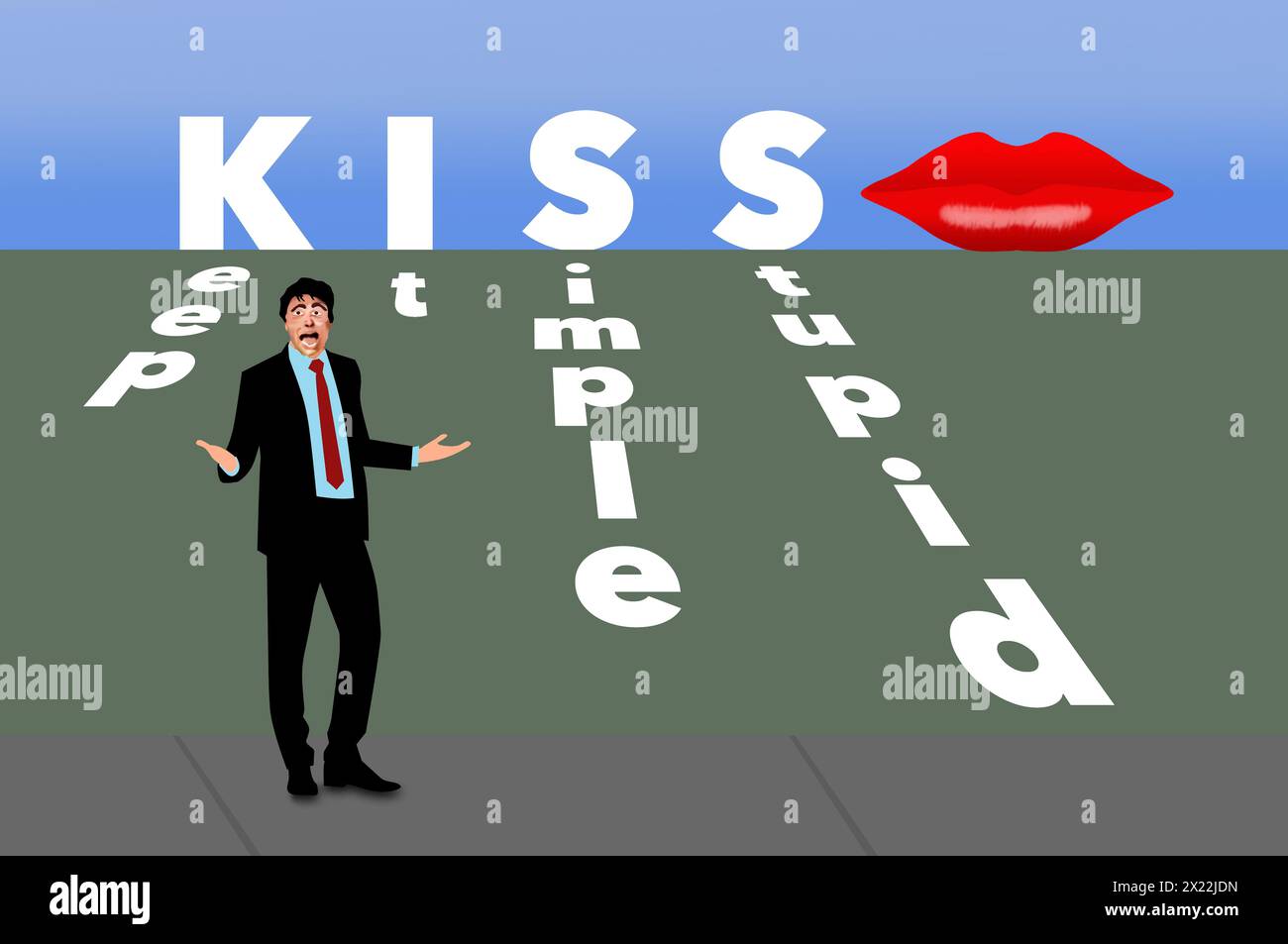 Halten Sie es einfach, dumm ist ein Akronym namens KISS. Vereinfachung Ihrer Geschäftsideen ist das Konzept in dieser 3D-Abbildung. Stockfoto