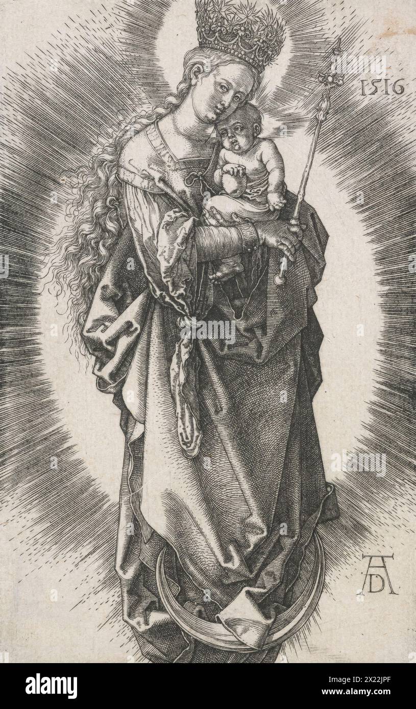 Die Jungfrau auf dem Halbmond mit Zepter und Sternenkrone, 1516. Die Jungfrau steht auf einem Halbmond und hält Christus in ihren Armen (er hält einen Apfel). Sie hält ein Zepter und trägt eine hohe Krone mit Sternen. Licht strömt von hinten in einer Aureole oder einem Mandala aus. Dies spiegelt die „Frau, die mit der Sonne bekleidet ist, und den Mond unter ihren Füßen und auf ihrem Kopf eine Krone von zwölf Sternen“ wider, die oft mit der Jungfrau identifiziert wird, im Buch der Offenbarungen (12:1). Stockfoto