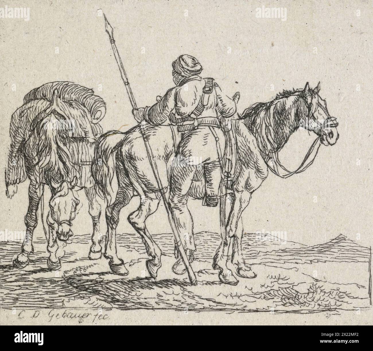 Kein Titel - (Lancer Mounting Horse), 1792-1831. Die Lage ist unscheinbar, aber einsam auf der Landschaft. Das Hauptthema ist ein lancer (Kavallerie-Soldat), der seine Waffe in der linken Hand hält und ein Pferd in einem Profil aufsteigt. Links ist sein Packpferd mit abgesenktem Kopf. Stockfoto