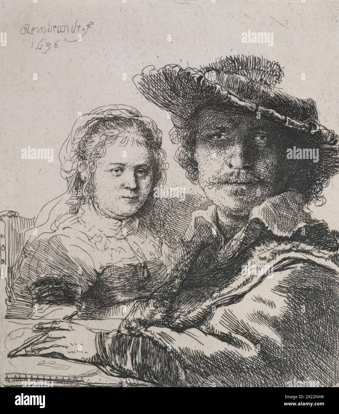 Selbstporträt mit Saskia, 1636. Der Künstler und seine Frau werden in historischer Kleidung gezeigt. Rembrandt trägt eine fantasievolle, gefederte Baskenmütze im Stil des 16. Jahrhunderts, die in einem schrägen Winkel geneigt ist, und einen Pelzmantel, während Saskia einen altmodischen Schleier trägt. Diese kleine Gravur dient nicht nur als eines von vielen Selbstporträts, sondern kann auch als Beispiel für ein Eheporträt angesehen werden. Die junge Frau, die mit Rembrandt am Tisch sitzt, ist seine Frau Saskia van Uylenburgh, damals Anfang 20. Sie hatten zwei Jahre vor dieser Ätzung geheiratet und blieben acht Jahre lang zusammen bis Saski Stockfoto