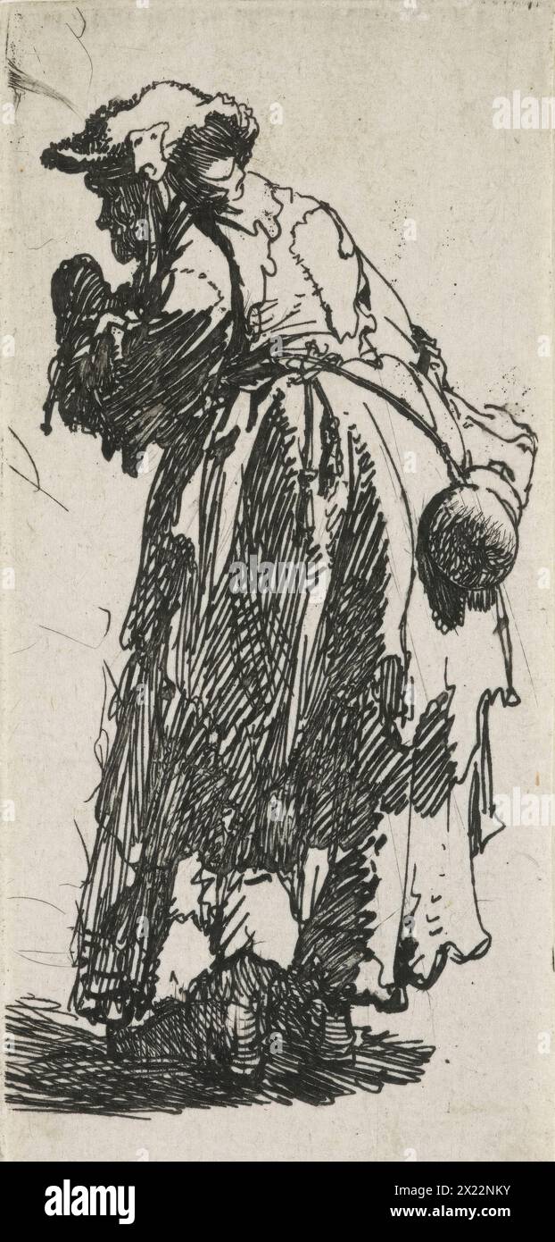 Alte Bettlerin mit Kürbis, um 1629. In teilweiser Dunkelheit gehüllt und in zerlumpte Kleidung gekleidet, wendet sich die alte Bettlerin vom Betrachter ab. Rembrandts auffällige Verwendung von Schwarz gegen weiß verwehrt dem Betrachter einen Blick auf das Gesicht der Frau und lässt den Betrachter den ungewöhnlichen Kürbis bemerken, der an ihrem Rücken befestigt ist und einen Behälter für Wasser bietet. Der Betrachter kann nicht erkennen, wo die Frau ist oder was sie tut, aber sie erscheint allein und etwas hilflos, ein Thema, das Mitgefühl verdient. Stockfoto