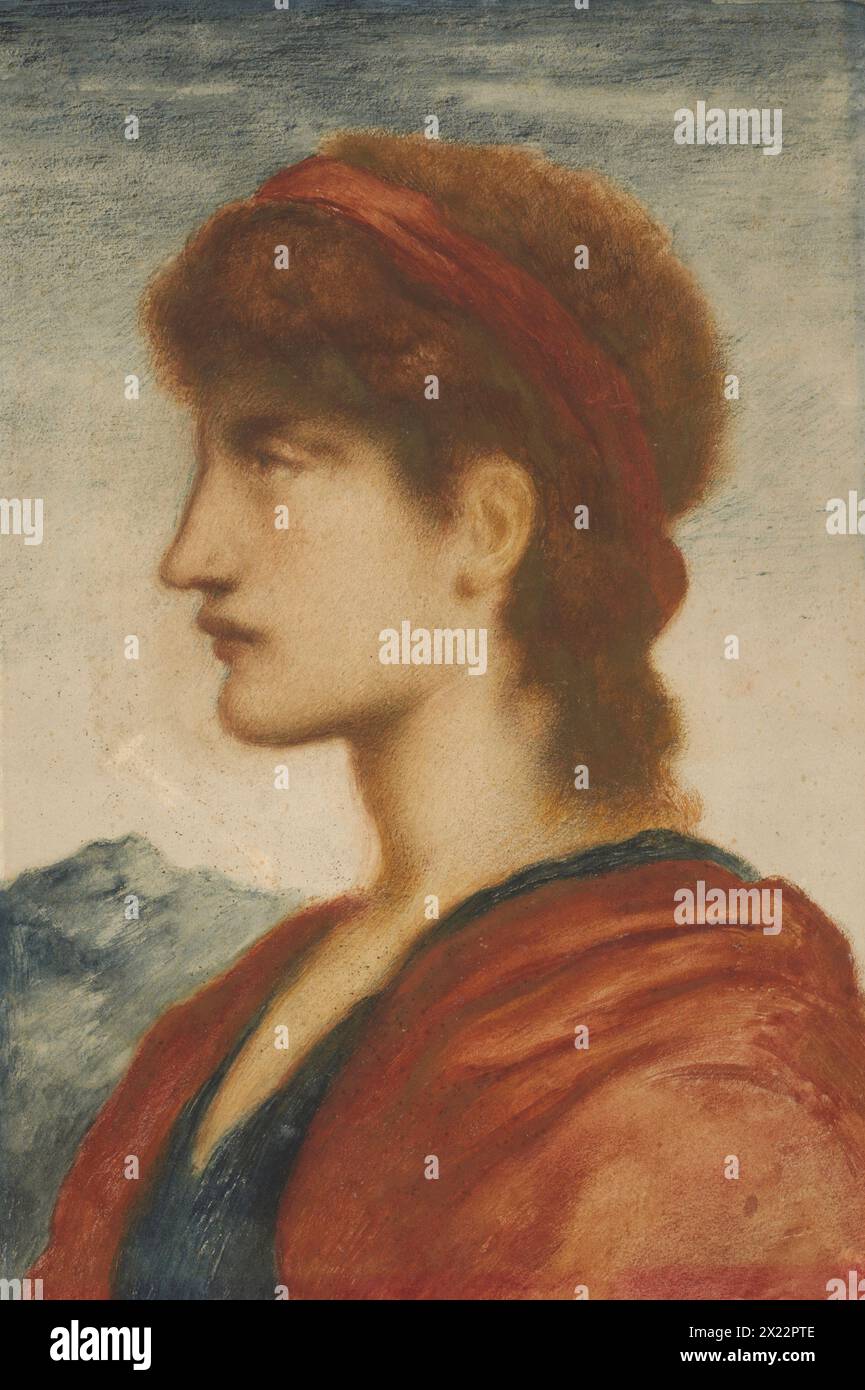 Kopf, 1895. Das nicht identifizierte Thema - männlich oder weiblich - steht gegen den deutlichsten Vorschlag einer Landschaft und blickt in das weite blaue Jonder jenseits des Bildraumes. Das Werk erinnert sowohl an den Vorraffaelitismus als auch an die reich geschichtete Kunst der Renaissance und teilt auf suggestive Weise Monumentalität und Lyrik zugleich. Stockfoto