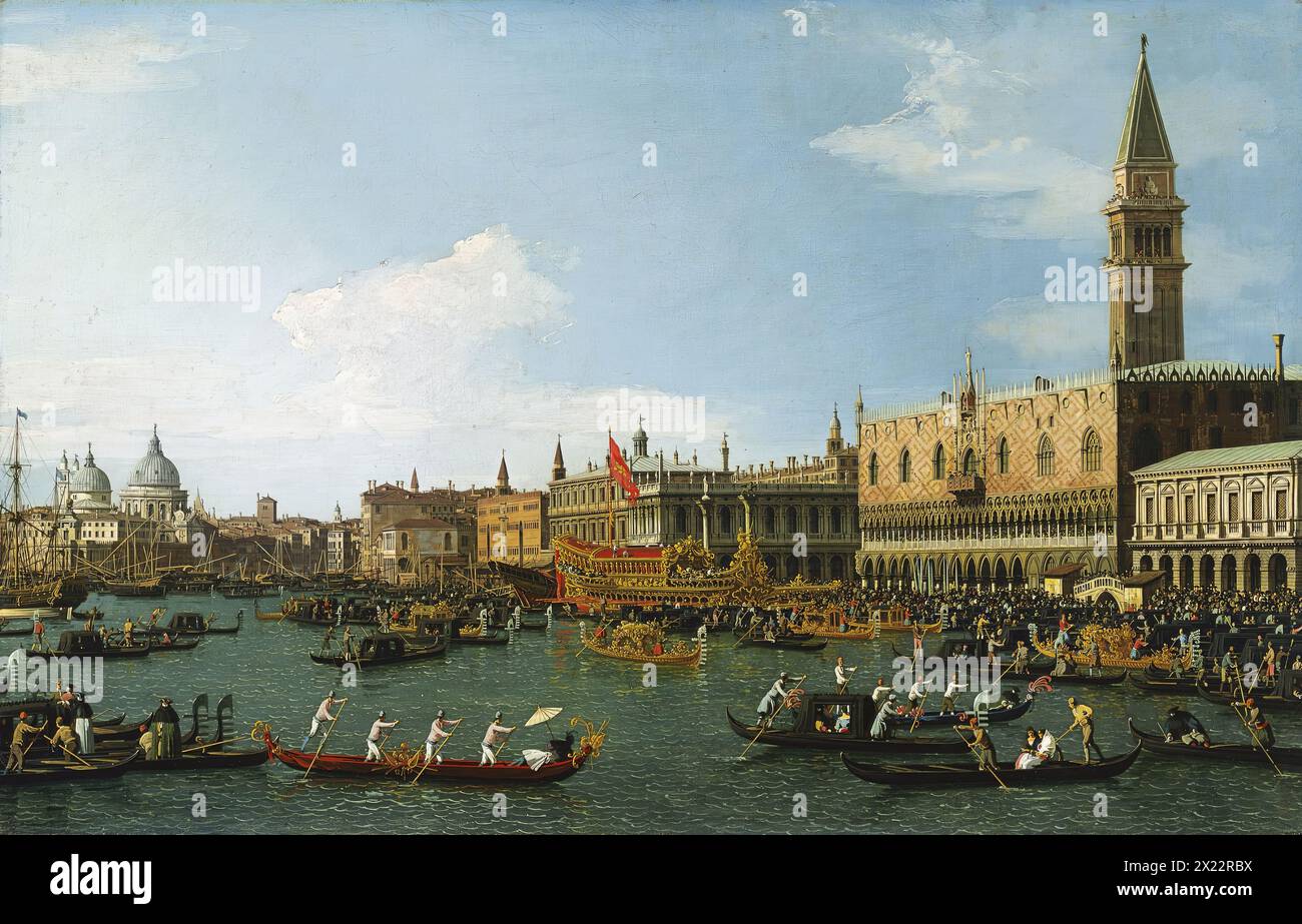 Der Bucintoro, 1745. Der Bucintoro war die offizielle Galeere des Dogen von Venedig, die hier zwischen Gondeln und anderen Booten neben der Piazzetta vertäut ist. Stockfoto