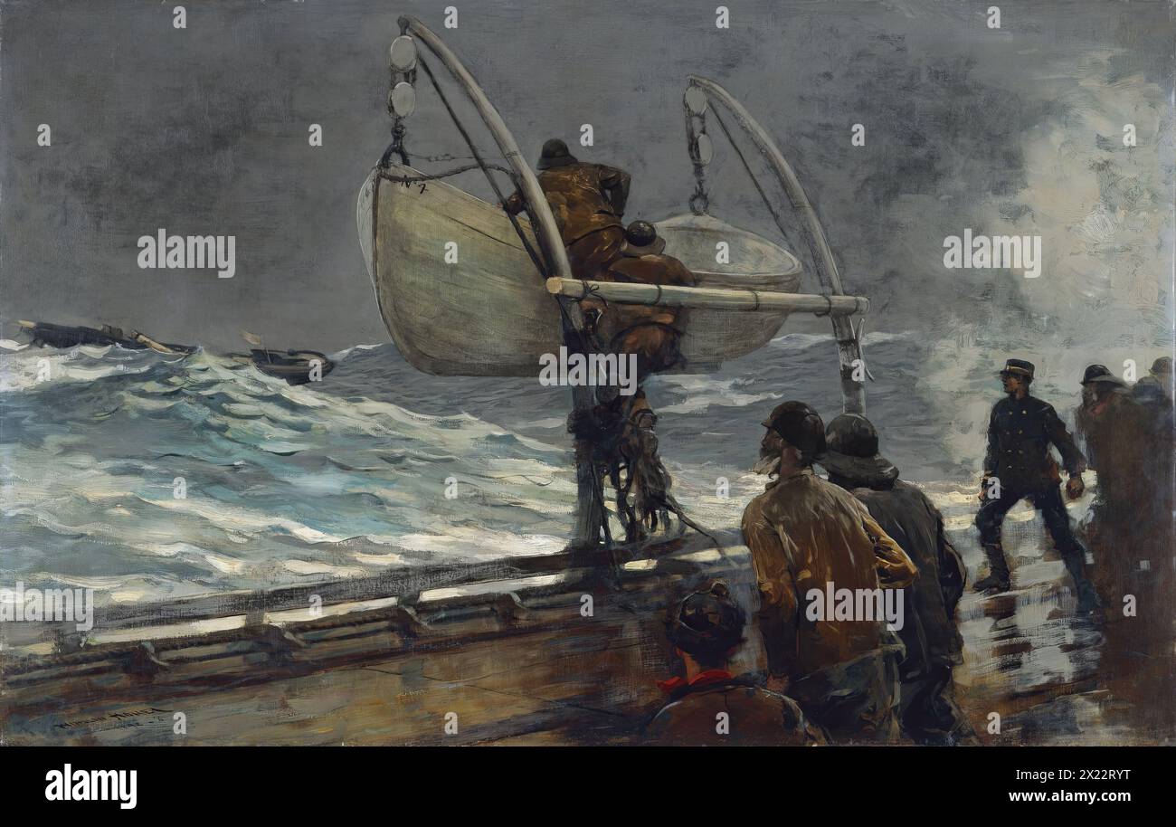 Signal der Notlage, 1890. Im Vordergrund beobachten eine Gruppe von Seeleuten, wie sich die Crew-Mitglieder auf ein Rettungsboot vorbereiten und in Sicherheit kommen. Ihre Figuren wirken monumental, als sie sich einem tosenden Meer gegenübersehen, das ein zerstörtes Schiff umschließen wird. Stockfoto