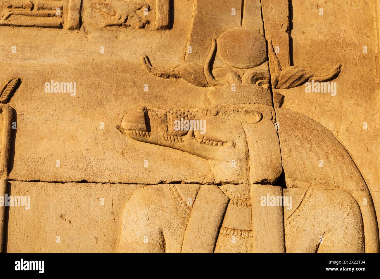 Reliefschnitzerei des Gottes Khnum, der ptolemäische Tempel von KOM Ombo am Ufer des Nils in Assuan, Ägypten. Stockfoto