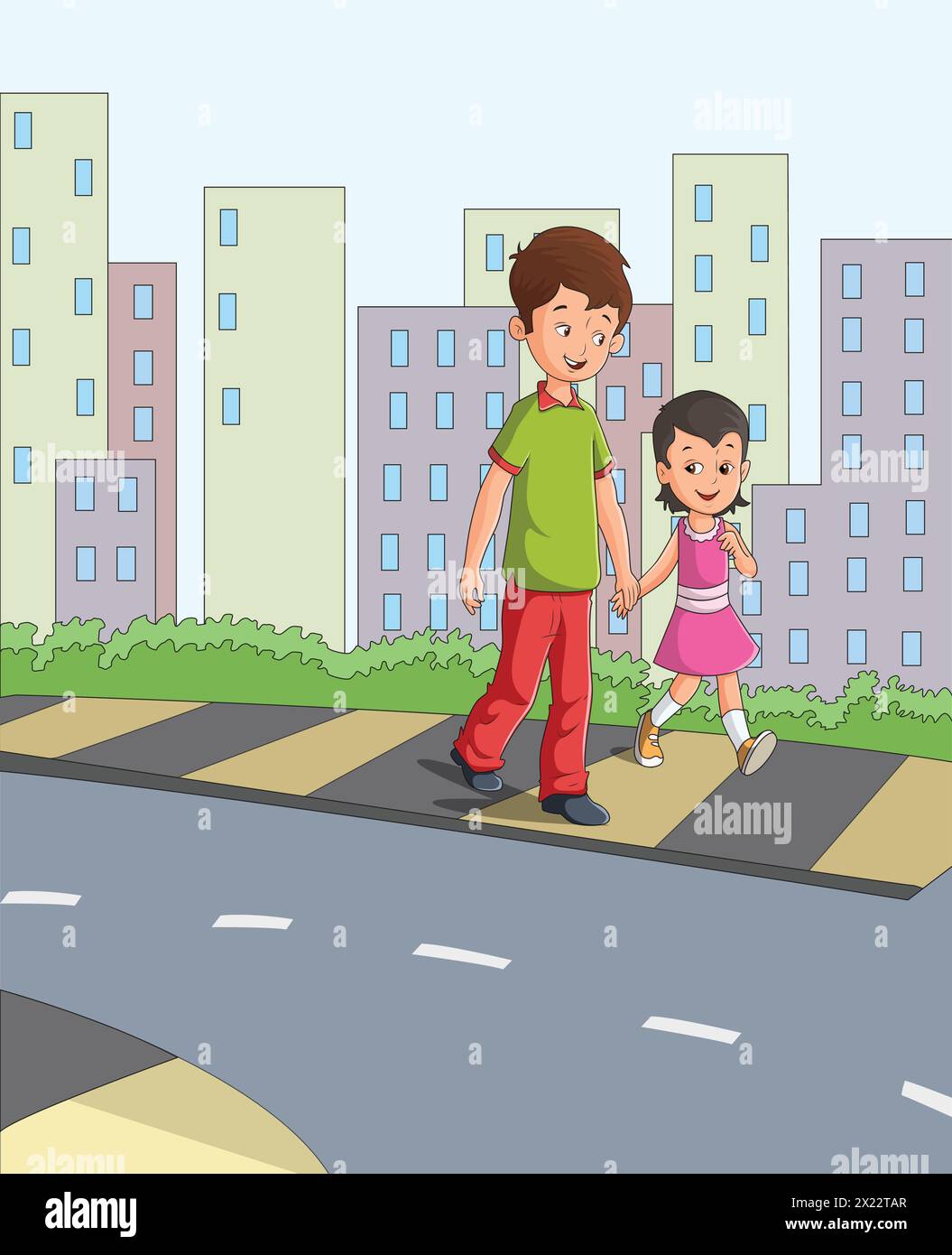 Nettes Mädchen und Junge, die auf dem Fußweg gehen, Hände in Händen halten Vektor-Illustration Stock Vektor