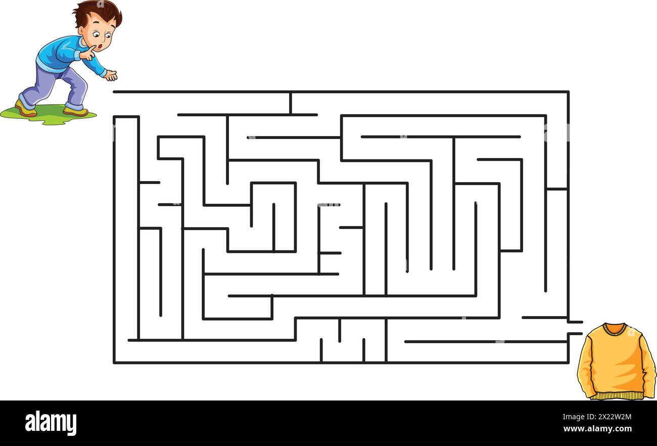 Finde den Weg Puzzle mit Jungen auf der einen Seite und Pullover auf der anderen Vektor-Illustration Stock Vektor