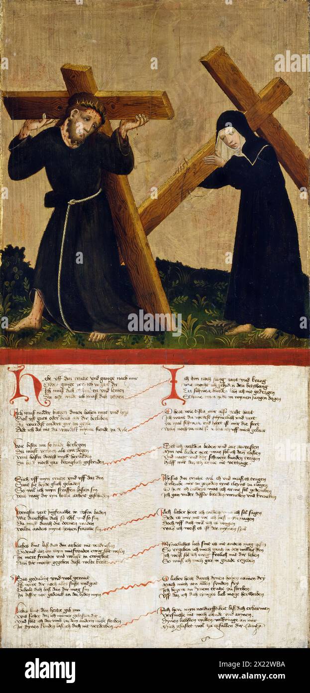 Christus trägt das Kreuz (verso), 1420. Diese Platte, die auf beiden Seiten lackiert ist, kann der Flügel eines Diptychons oder eines Triptychons sein. Stockfoto