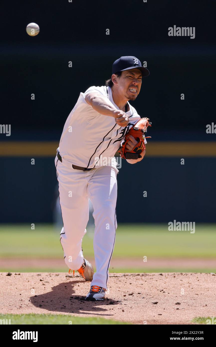 DETROIT, MI - 18. APRIL: Kenta Maeda (18) der Pitcher der Detroit Tigers spielt am 18. April 2024 in einem MLB-Spiel gegen die Texas Rangers im Comerica Park in Detroit, Michigan. (Foto: Joe Robbins/Image of Sport) Stockfoto