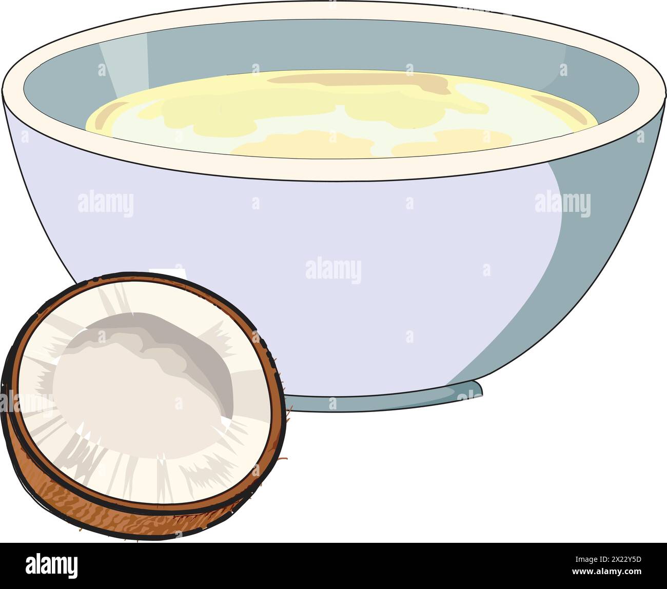 Vektor-Illustration, die Kokosnuss und Kokosöl in einer Schüssel zeigt Stock Vektor