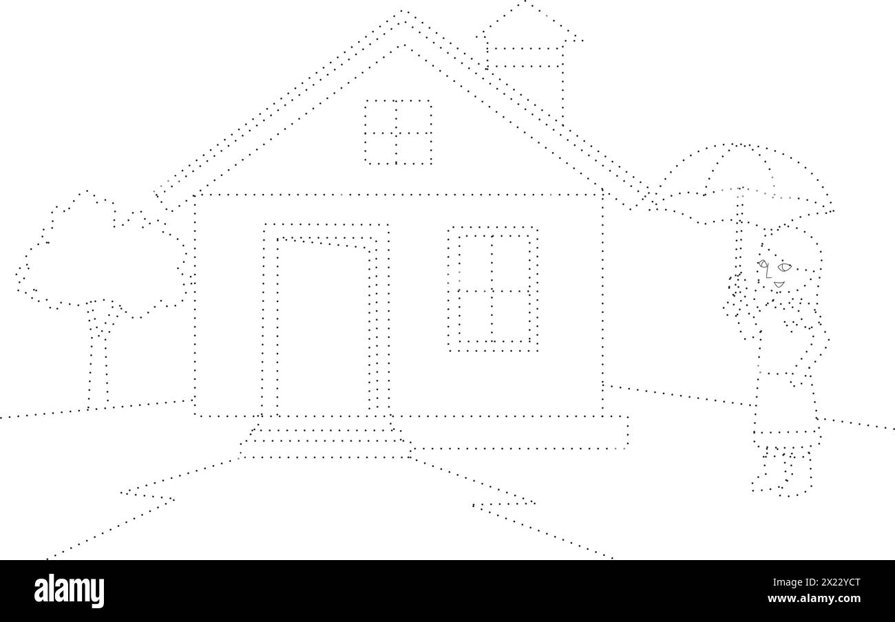 Vektor-Vektor-Illustration, die Umrisse von Haus, Baum und nettem Mädchen mit Regenschirm zeigt Stock Vektor